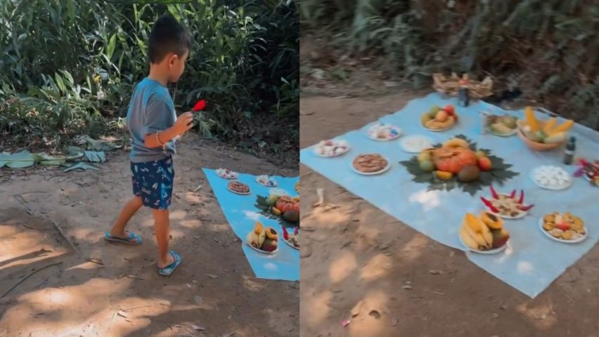 (VÍDEO) Menino confunde oferenda com piquenique e viraliza nas redes sociais