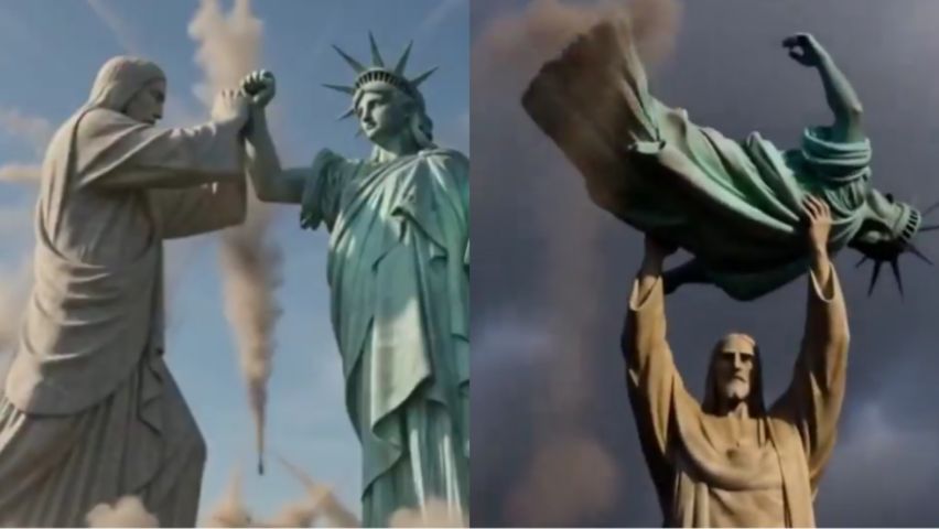 Vídeo criado com IA mostra Cristo Redentor derrotando a Estáua da Liberdade em propaganda do Irã