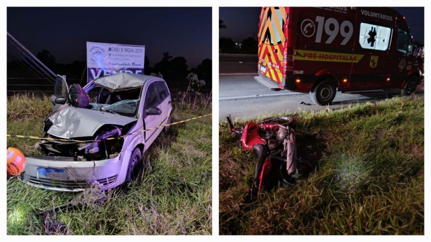 Mulher morre em colisão entre carro e moto na SC-100, em Jaguaruna