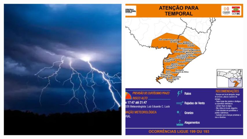 Defesa Civil alerta para risco de tempestades com granizo, ventos fortes e alagamentos no Sul de Santa Catarina; Tubarão está na rota dos temporais
