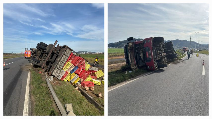 Caminhão carregado com frangos sai da pista e tomba às margens da Rodovia Ivane Fretta, em Tubarão