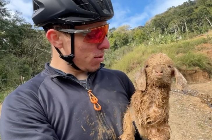 Ciclista encontra filhote de cabra abandonado durante aventura por SC e decide resgatá-lo; VÍDEO