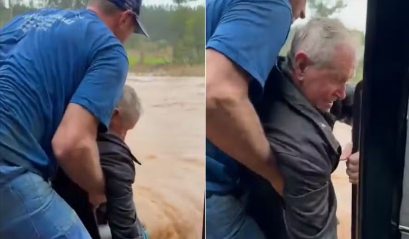 Vídeo mostra resgate de idoso após carro ficar submerso em enchente no Rio Grande do Sul