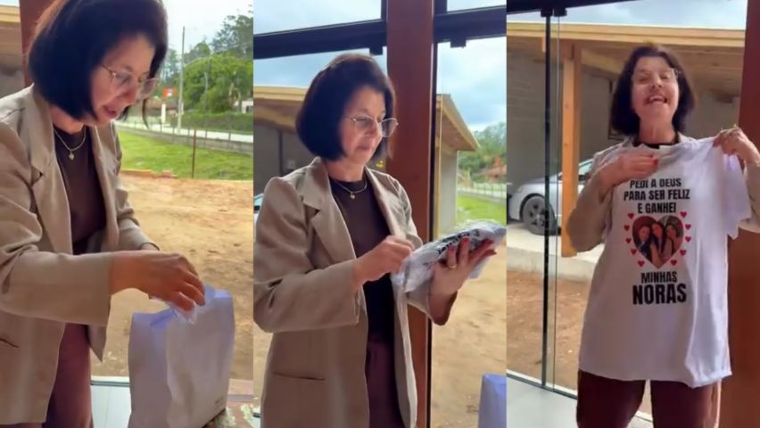 Sogra ganha presente inusitado das três noras, cai na risada e vídeo viraliza; ASSISTA