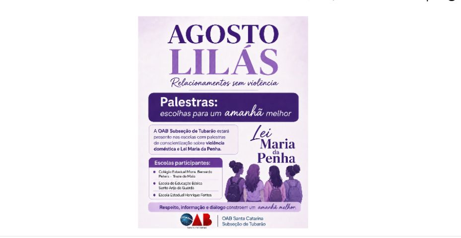 OAB de Tubarão leva conscientização sobre violência doméstica às escolas durante o Agosto Lilás