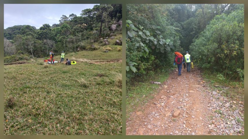 Bombeiros se deslocam a pé para resgatar motociclista ferido em local de difícil acesso em Armazém