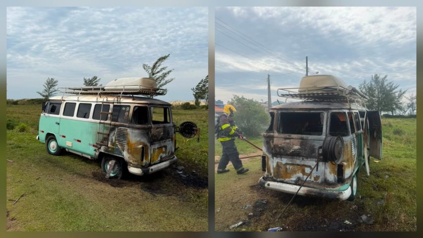 Kombi é destruída por incêndio em Imbituba