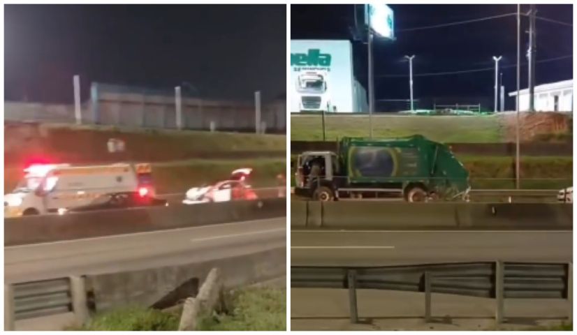 (Vídeo) Carro bate na traseira de caminhão de lixo na BR-101, em Capivari de Baixo