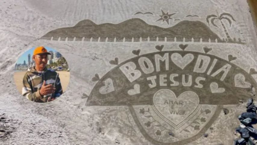 Morador de SC transforma areia das praias em espaço para mensagens de fé e reflexão