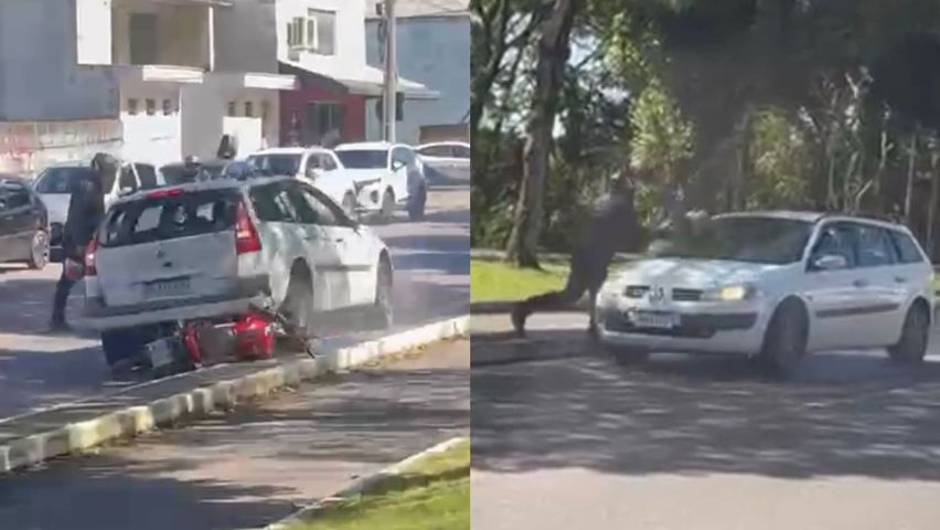 Confusão no trânsito termina com para-brisa quebrado e moto destruída em Tubarão; VÍDEO