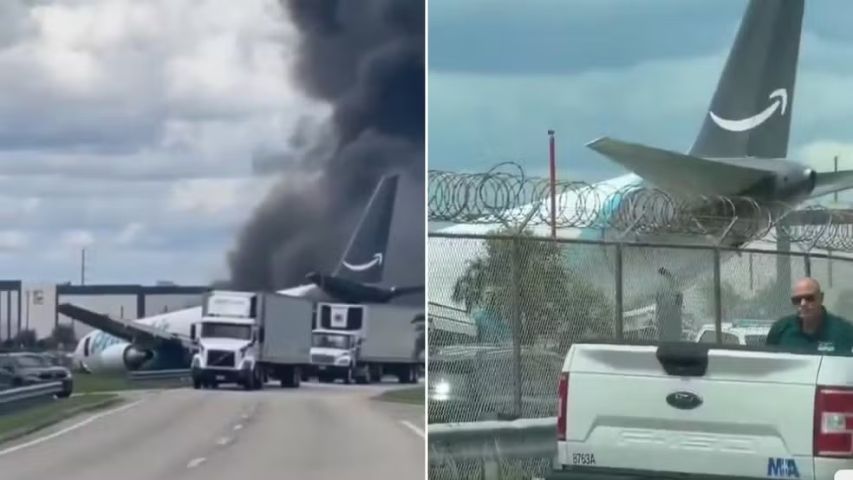 VÍDEO: Avião cargueiro da Amazon entra em chamas após sair da pista e atravessar estrada nos EUA