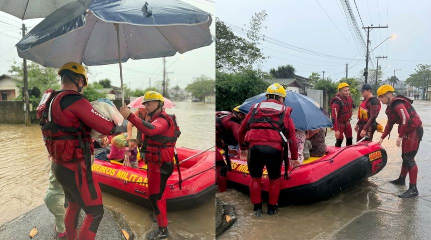 VÍDEO: Bombeiros resgatam moradores em um bote inflável durante as chuvas intensas em Criciúma