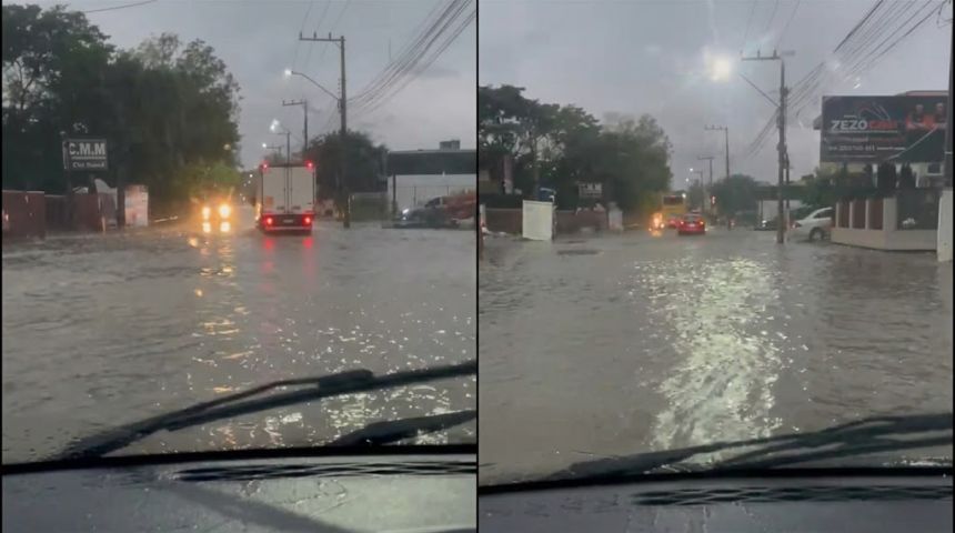 Rua no bairro Santo André fica totalmente alagada em Capivari de Baixo após as fortes chuvas