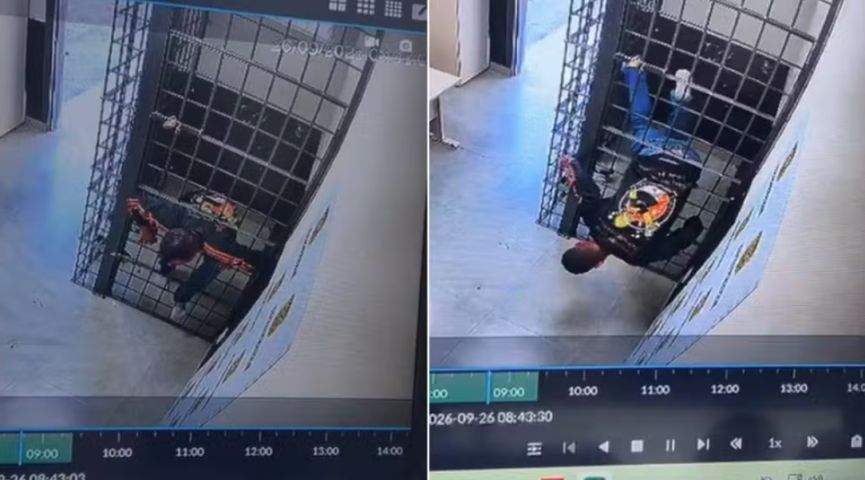 (Vídeo) Preso que se 'espremeu' e passou por buraco de cela após descuido em delegacia de SC segue foragido