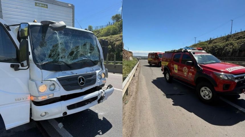 Motorista de caminhão fica ferido após colisão traseira na BR-101, em Sangão