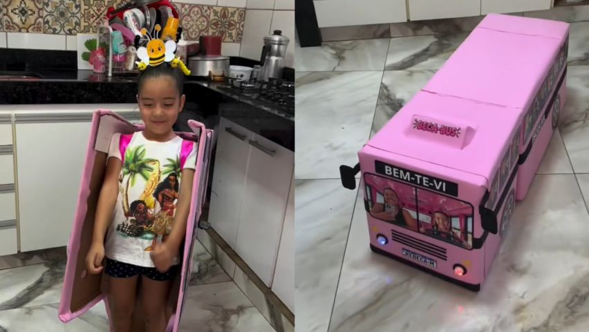 Mochila maluca rosa que vira ônibus viraliza; VÍDEO