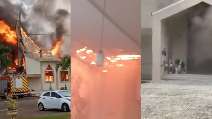 Imagens mostram incêndio começando pelo teto da Igreja Matriz de Treze de Maio; pessoas tentaram resgatar imagens sacras (VÍDEO))