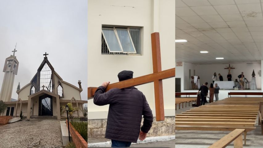 Após incêndio que destruiu a Matriz, comunidade de Treze de Maio transforma salão em igreja e missas vão continuar