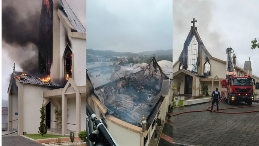 Bombeiros levam quase 3 horas para apagar chamas e apontam risco de queda das paredes que sobraram da Matriz de Treze de Maio